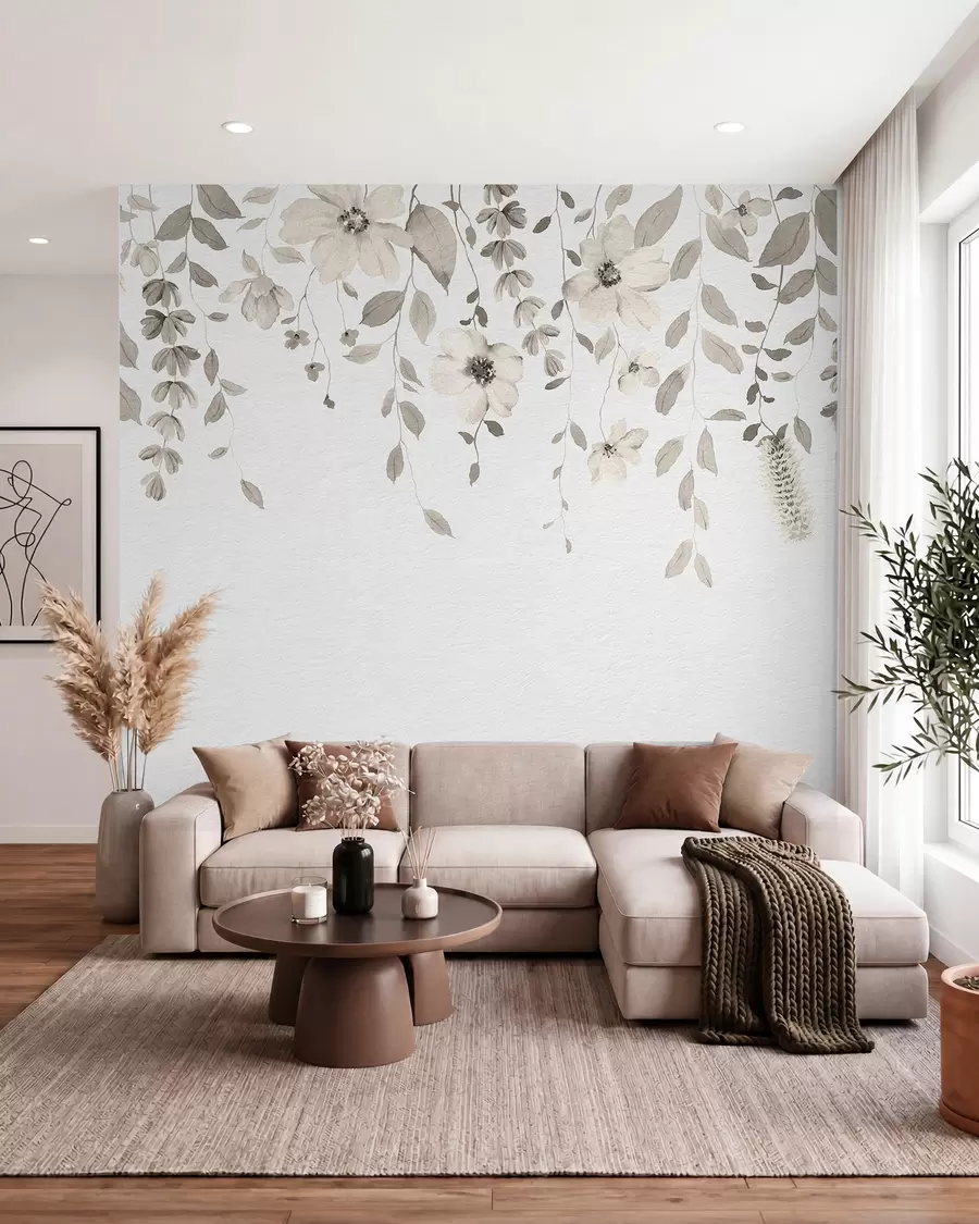 Fotobehang Hangende aquarel bloemen en bladeren w03315v1