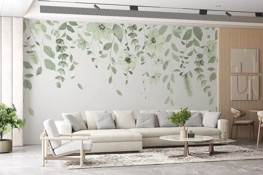 Fotobehang Hangende aquarel bloemen en bladeren w03315v2