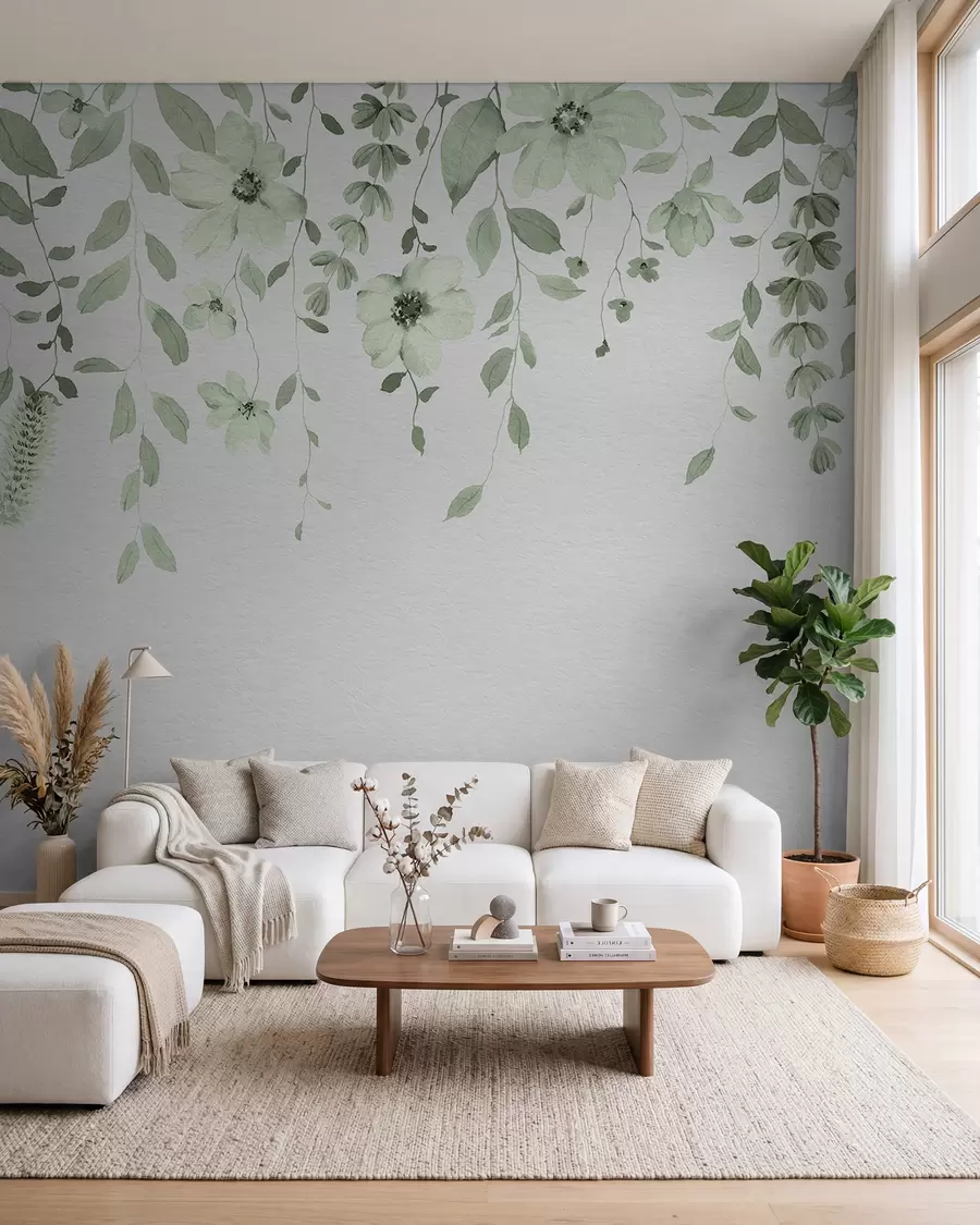 Fotobehang Hangende aquarel bloemen en bladeren w03315v2