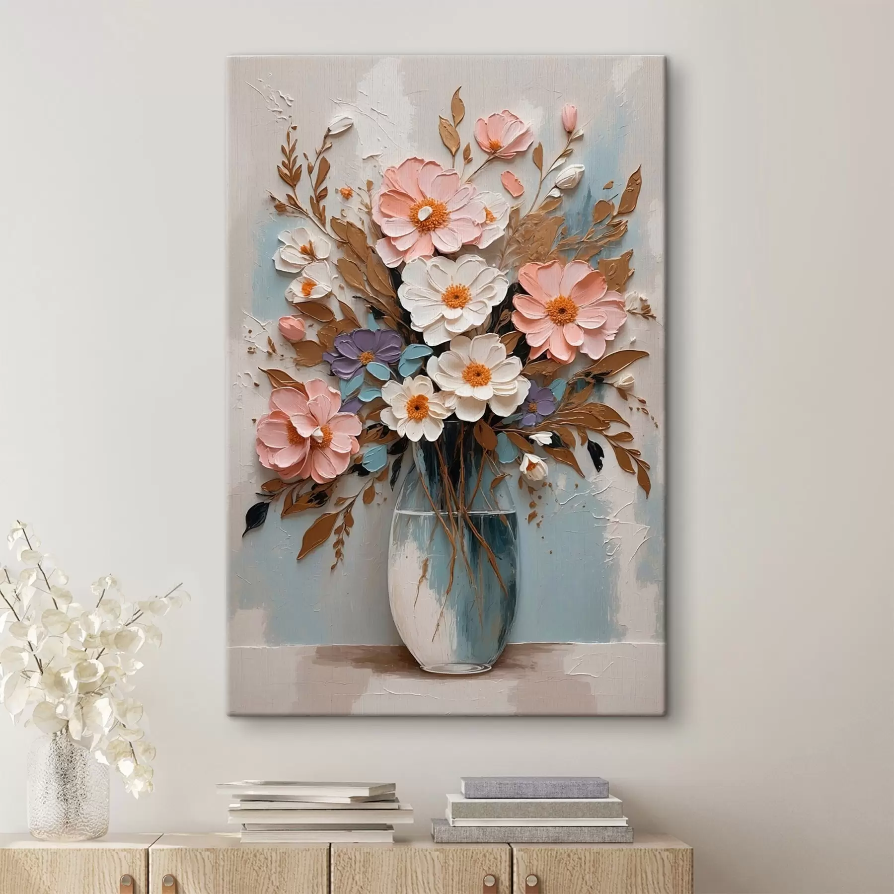 Fotobehang Roze en witte bloemen in een transparante vaas s43089
