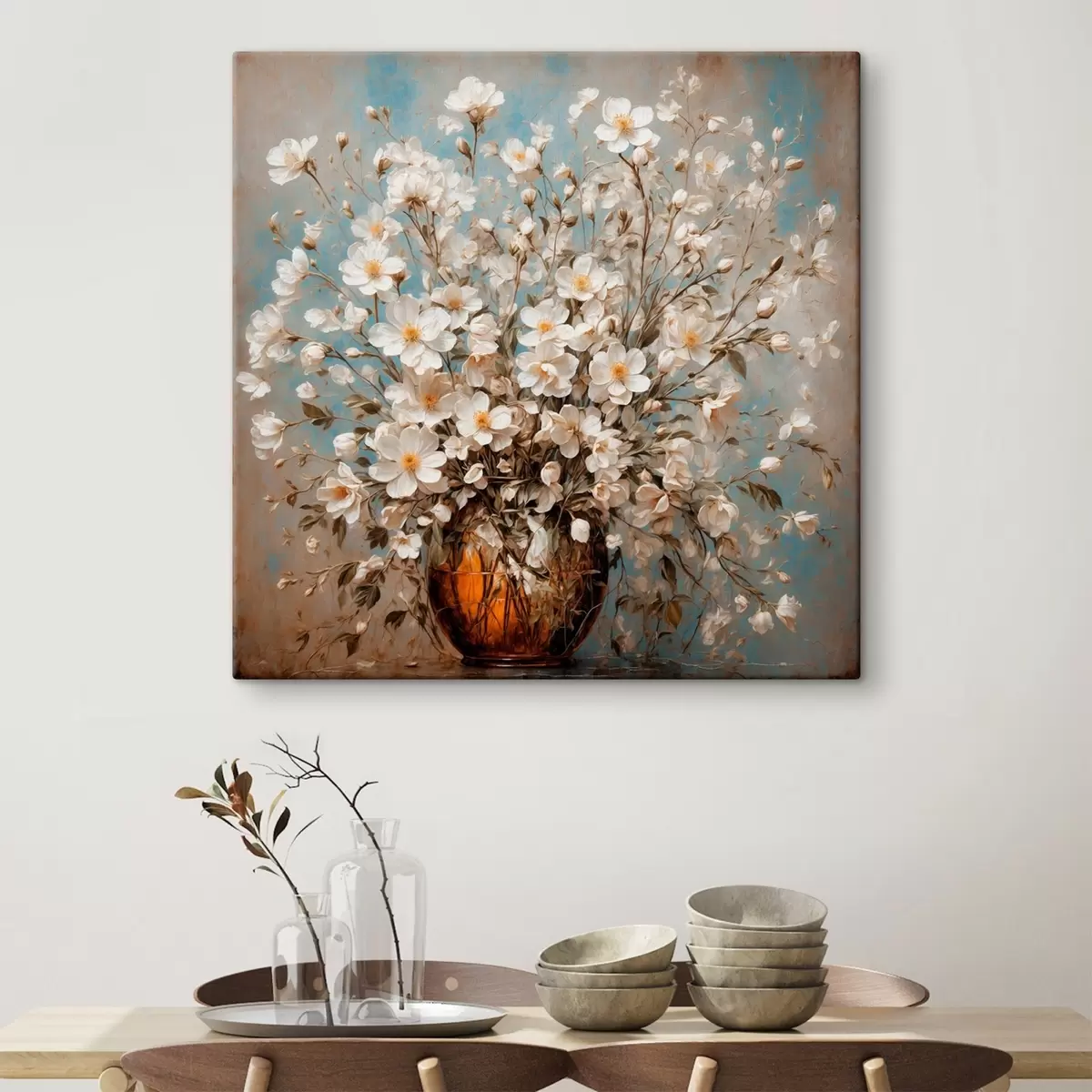  Schilderijen Witte bloemen in vaas op acrylachtergrond s43107