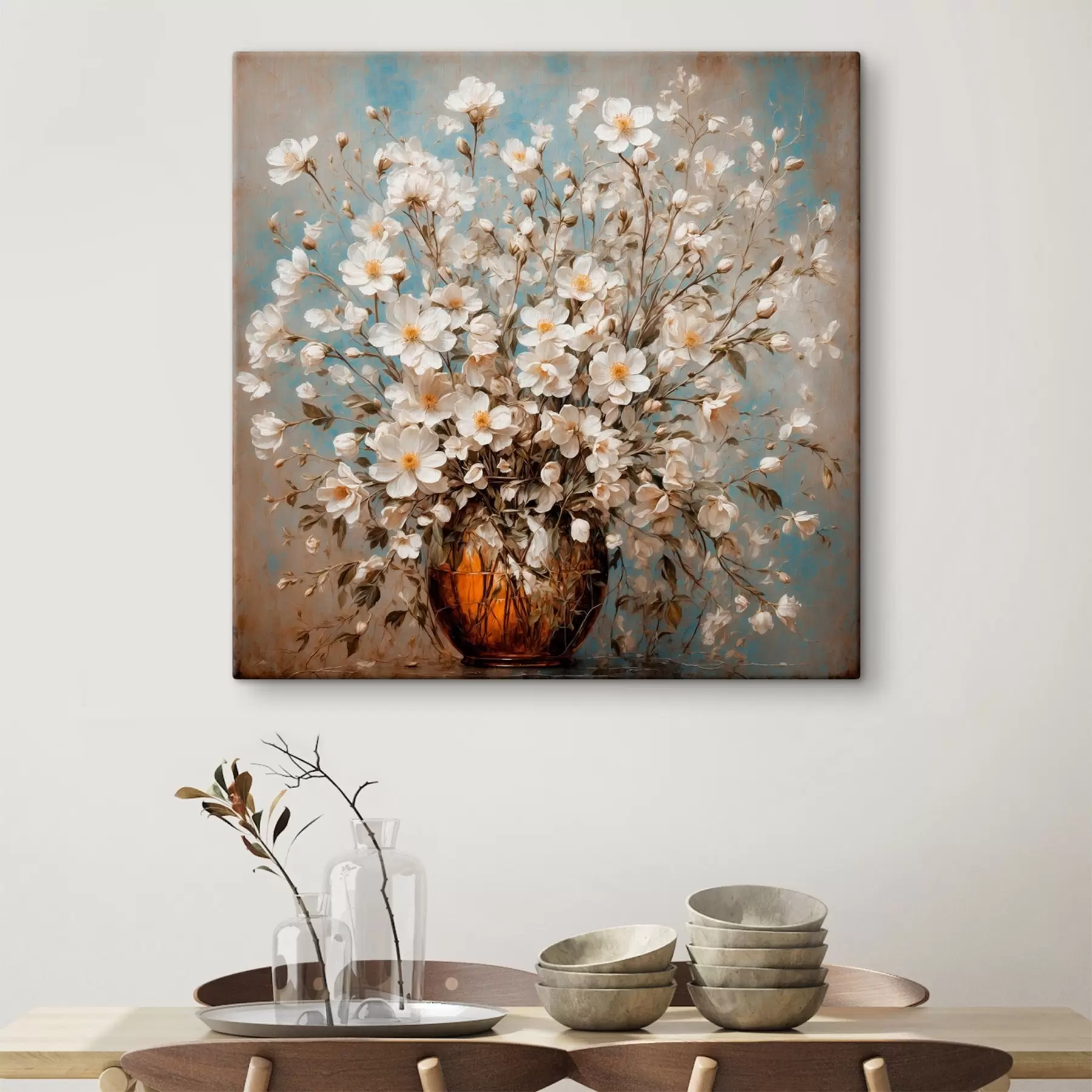  Schilderijen Witte bloemen in vaas op acrylachtergrond s43107