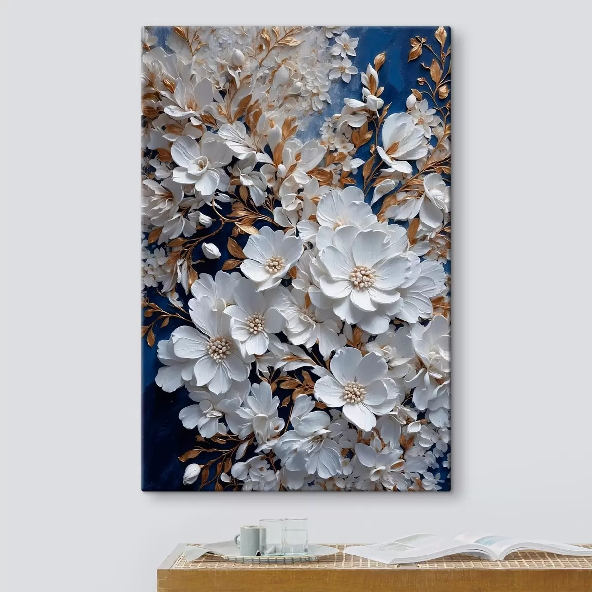  Schilderijen Witte bloemen op blauwe achtergrond s43116