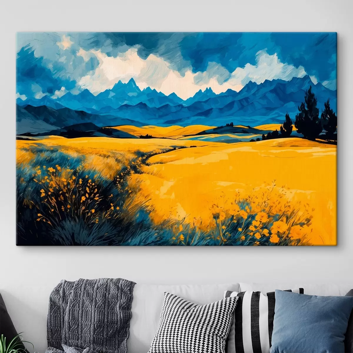  Peintures Champ jaune sur fond de montagnes dans le style de l'aquarelle s43117