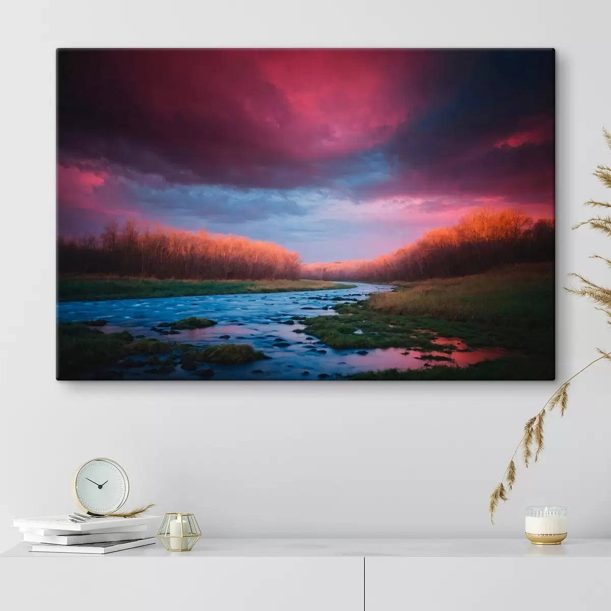  Peintures Ruisseau dans le champ sur fond de ciel violet s43120