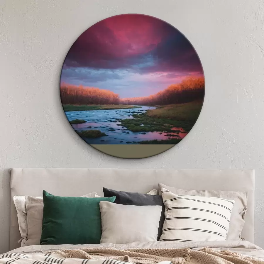  Schilderijen Beek in het veld op de achtergrond van paarse lucht r43120