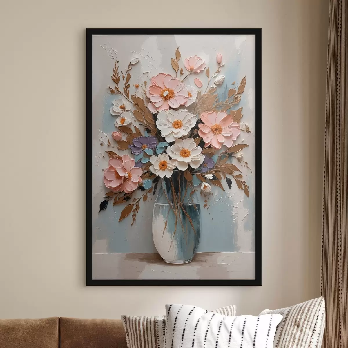Poster Roze en witte bloemen in een transparante vaas f43089