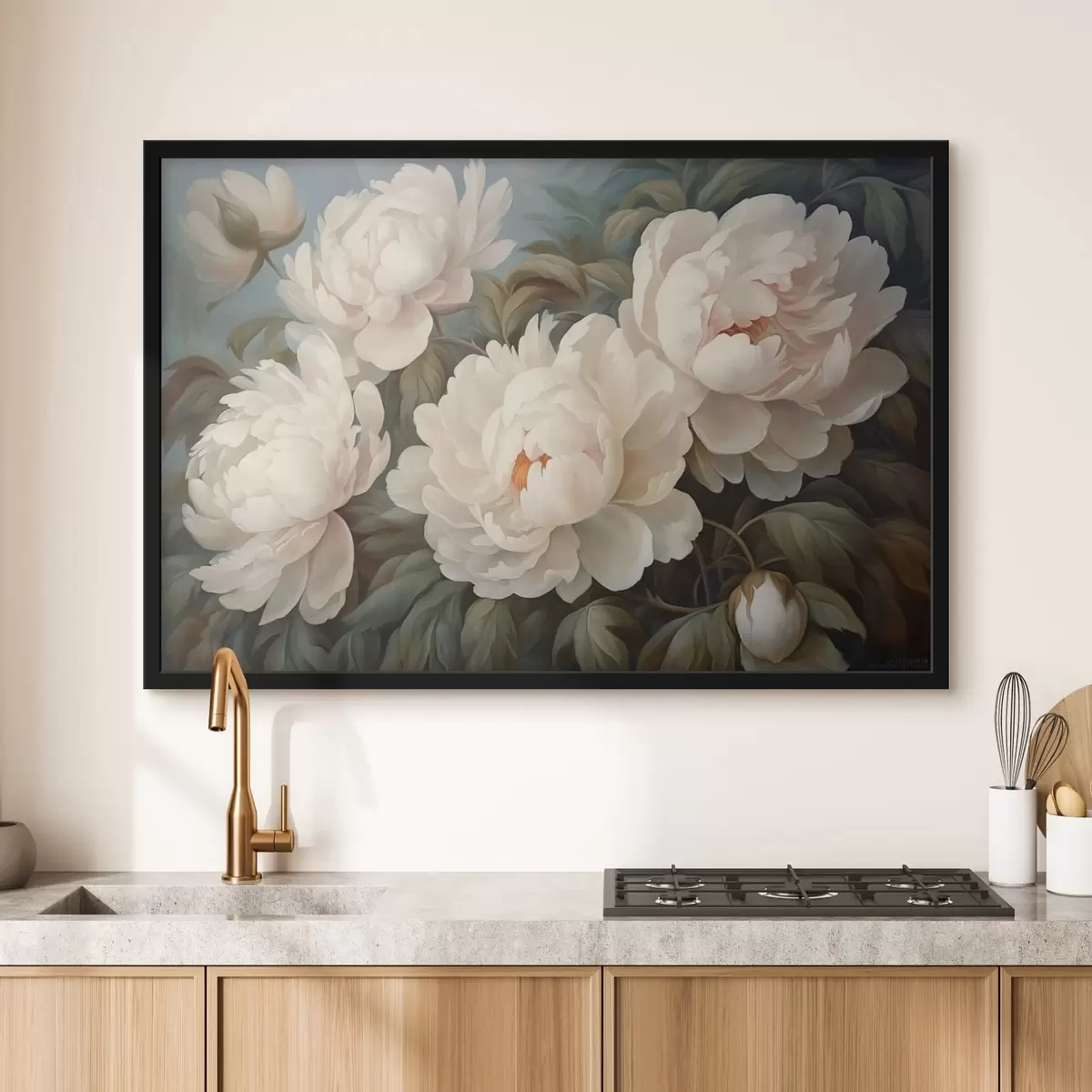 Poster Witte bloemen en bladeren in mist f43091