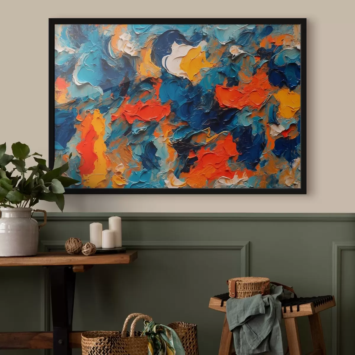 Poster Abstract schilderij in olieverfstijl met witte, blauwe en rode kleuren f43093