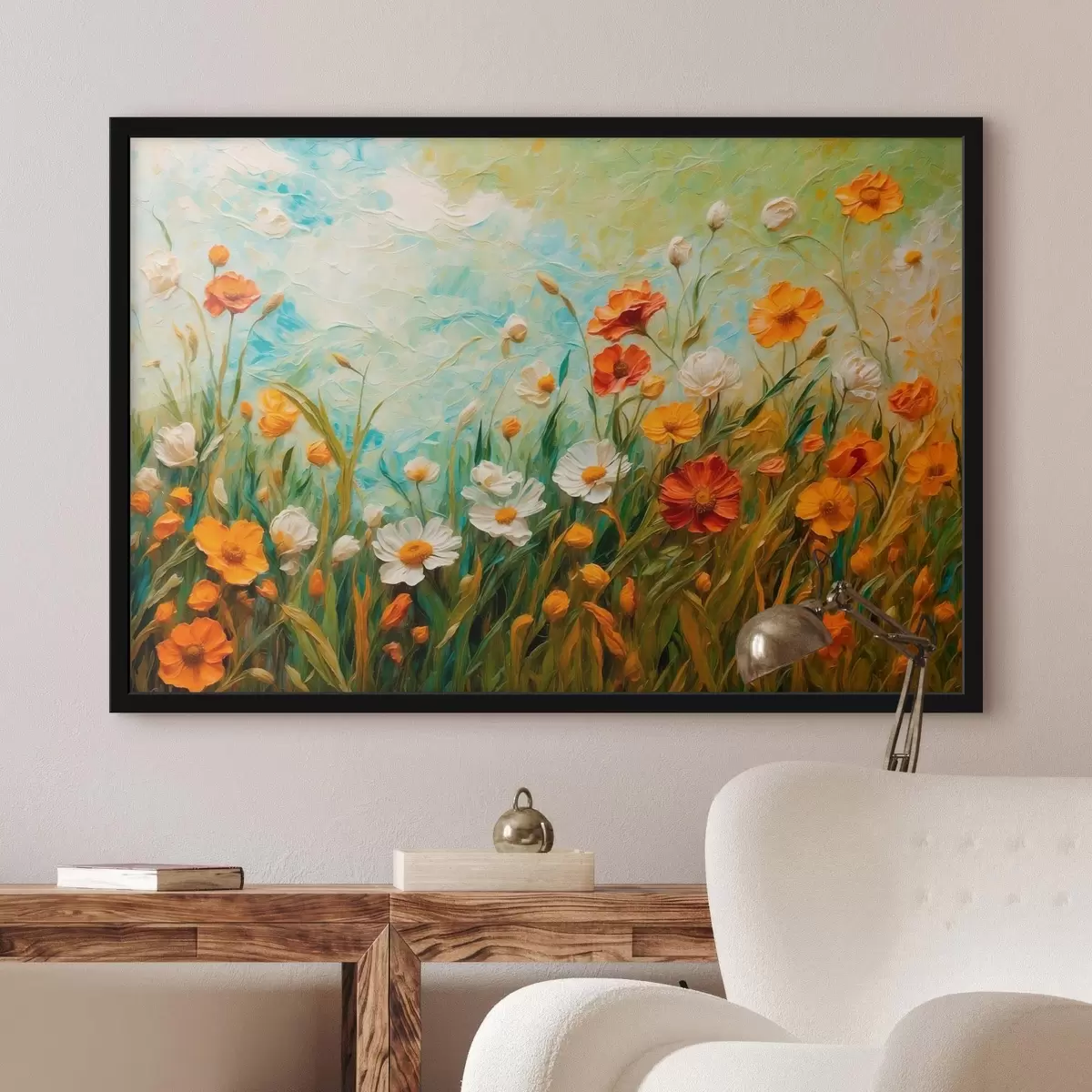 Affiche Champ de fleurs sur fond de ciel bleu abstrait f43100