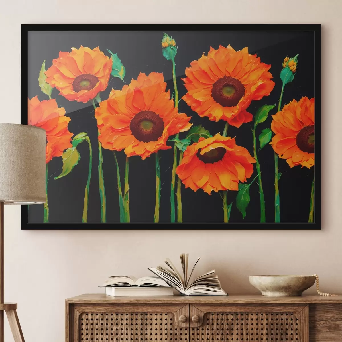 Poster Rode zonnebloemen op donkere achtergrond f43103