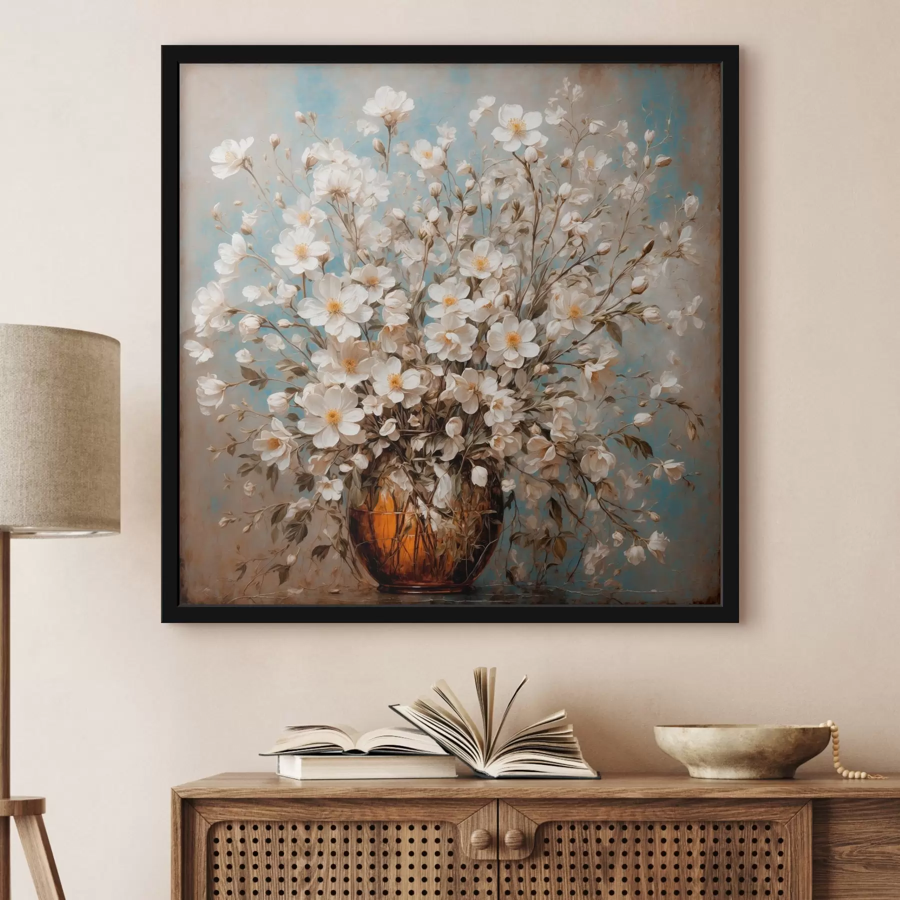 Fotobehang Witte bloemen in vaas op acrylachtergrond f43107