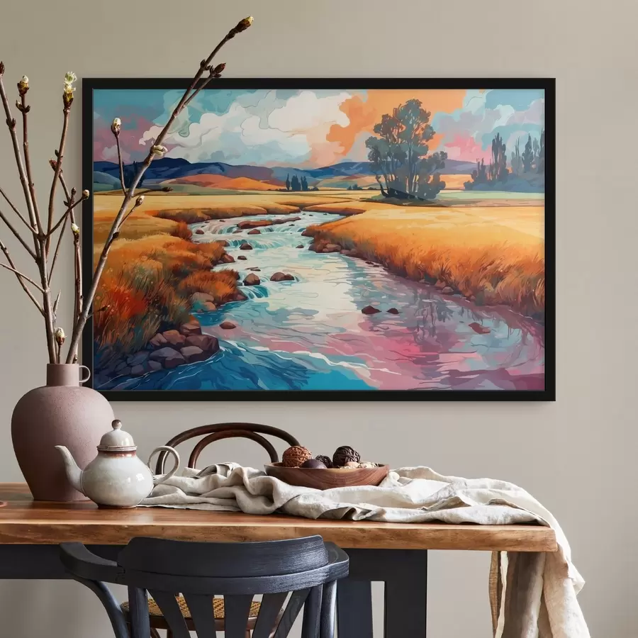 Fotobehang Beek in het veld in de stijl van aquarelschilderen f43110