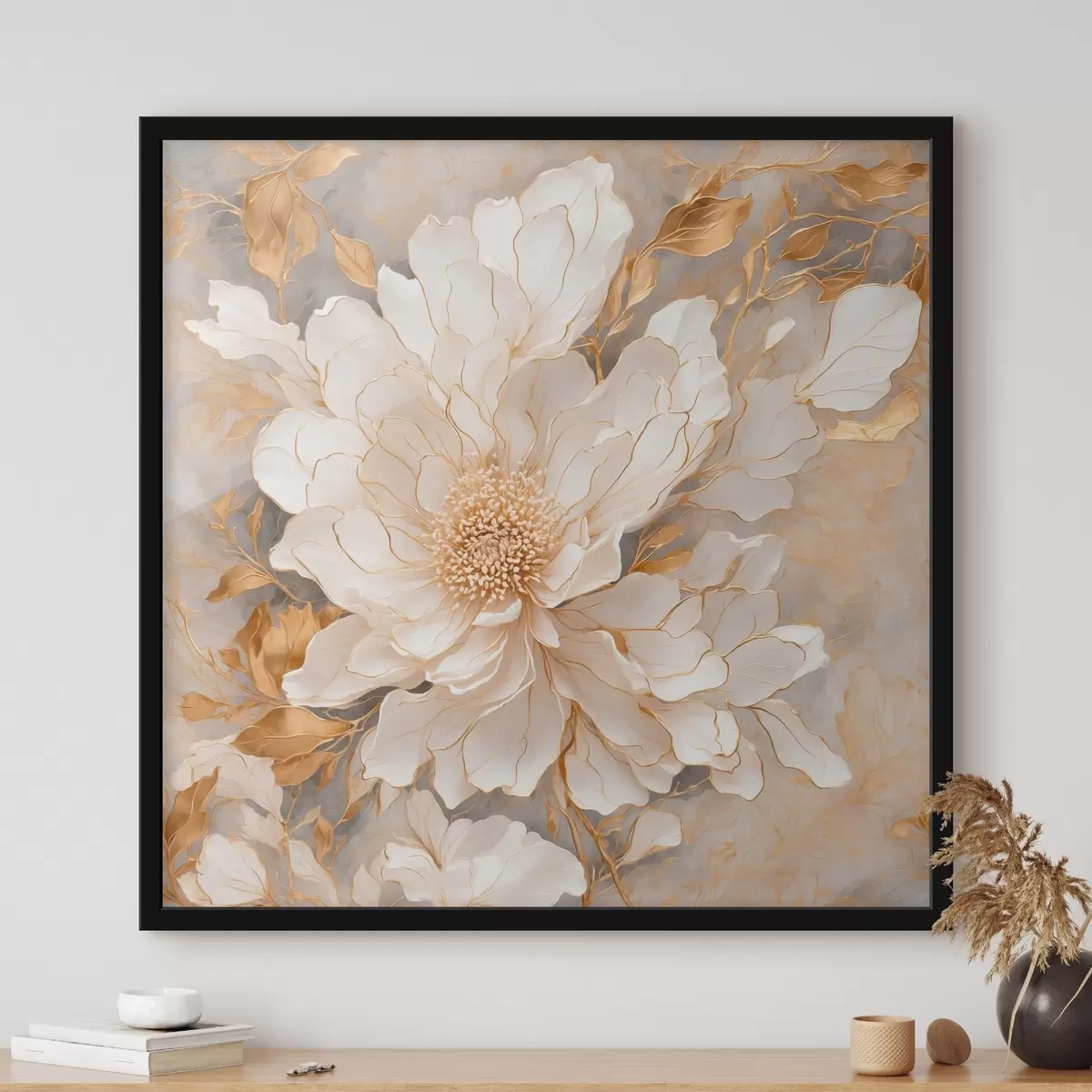Poster Witte bloem met bladeren in acrylschilderstijl f43115