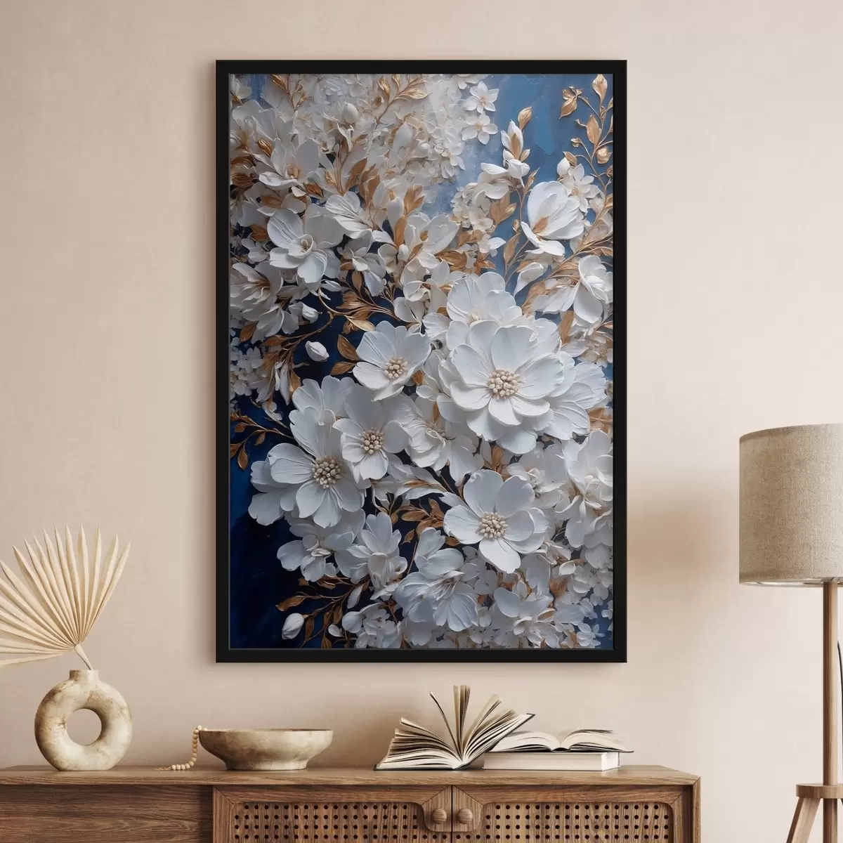Poster Witte bloemen op blauwe achtergrond f43116