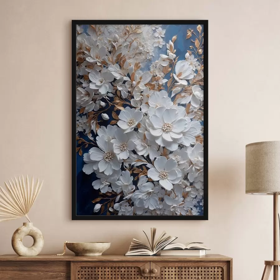 Fotobehang Witte bloemen op blauwe achtergrond f43116
