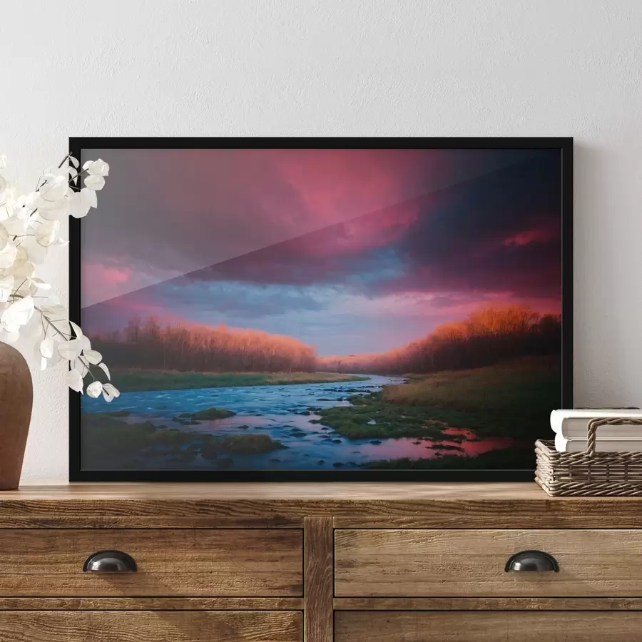 Papier peint photo Ruisseau dans le champ sur fond de ciel violet f43120