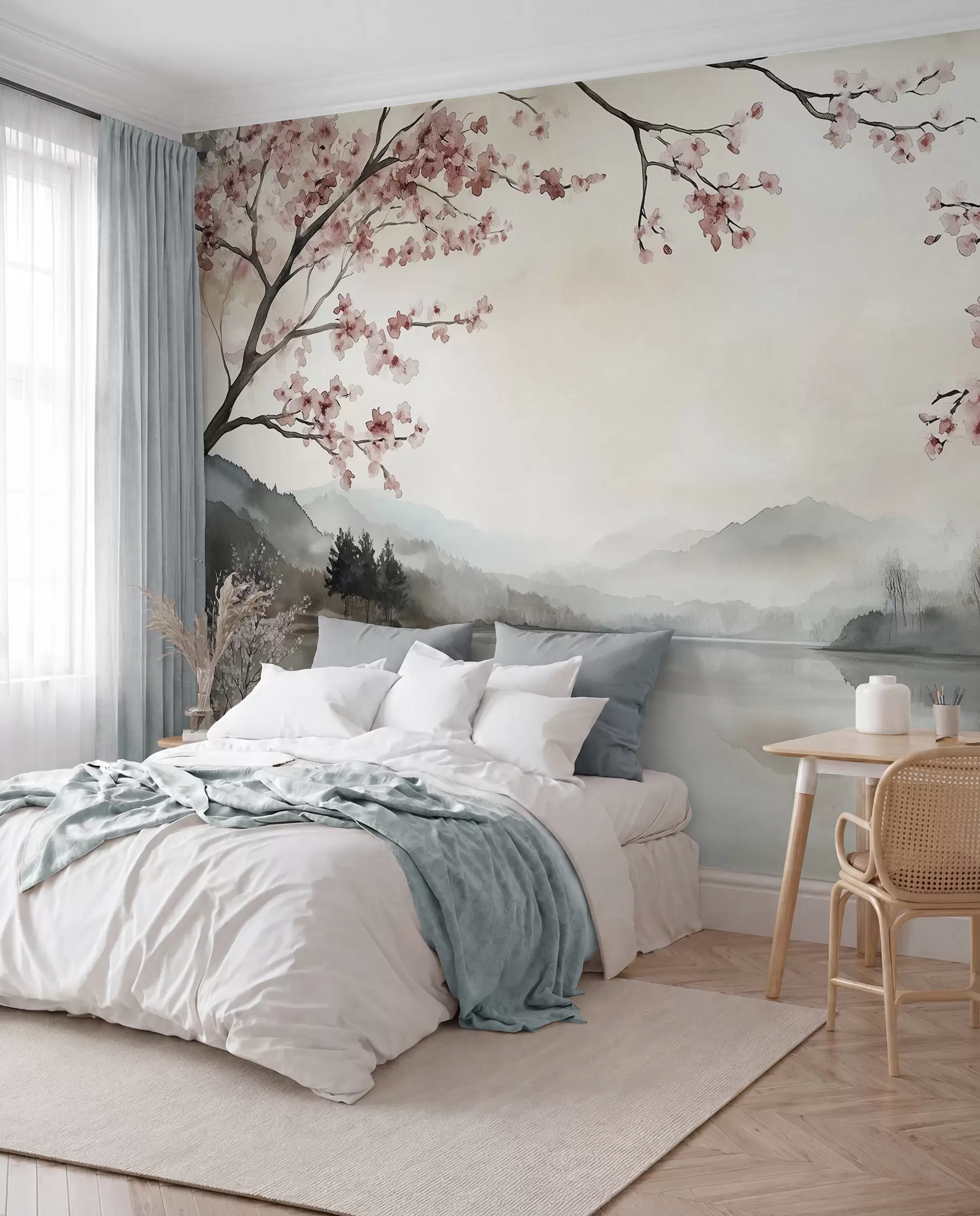 Fotobehang rustig aquarel landschap met een meer en een bloeiende boom w03282