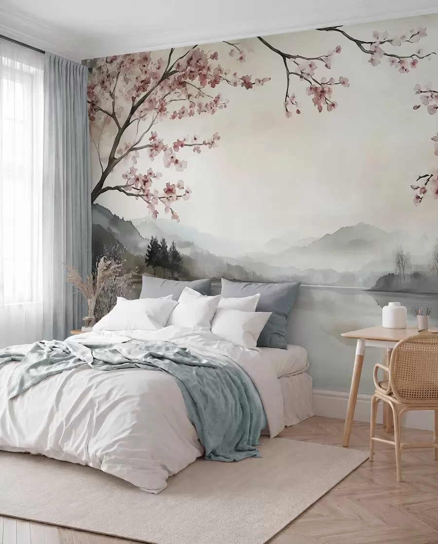 Papier peint photo paysage calme à l'aquarelle avec un lac et un arbre en fleurs w03282