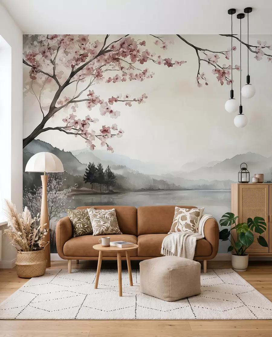 Fotobehang rustig aquarel landschap met een meer en een bloeiende boom w03282