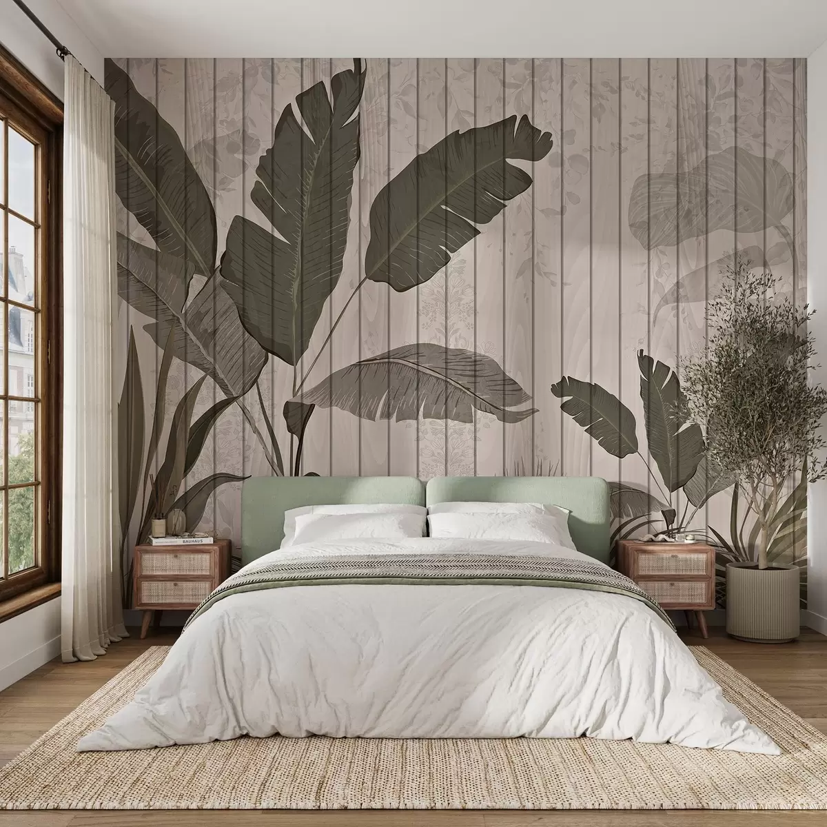 Papier peint photo Illustration botanique élégante avec des feuilles de bananier et des plantes exotiques sur un fond clair texturé w03325v1