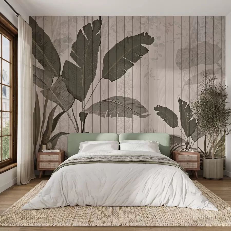 Fotobehang Elegante botanische illustratie met bananenbladeren en exotische planten op een lichte achtergrond met textuur w03325v1