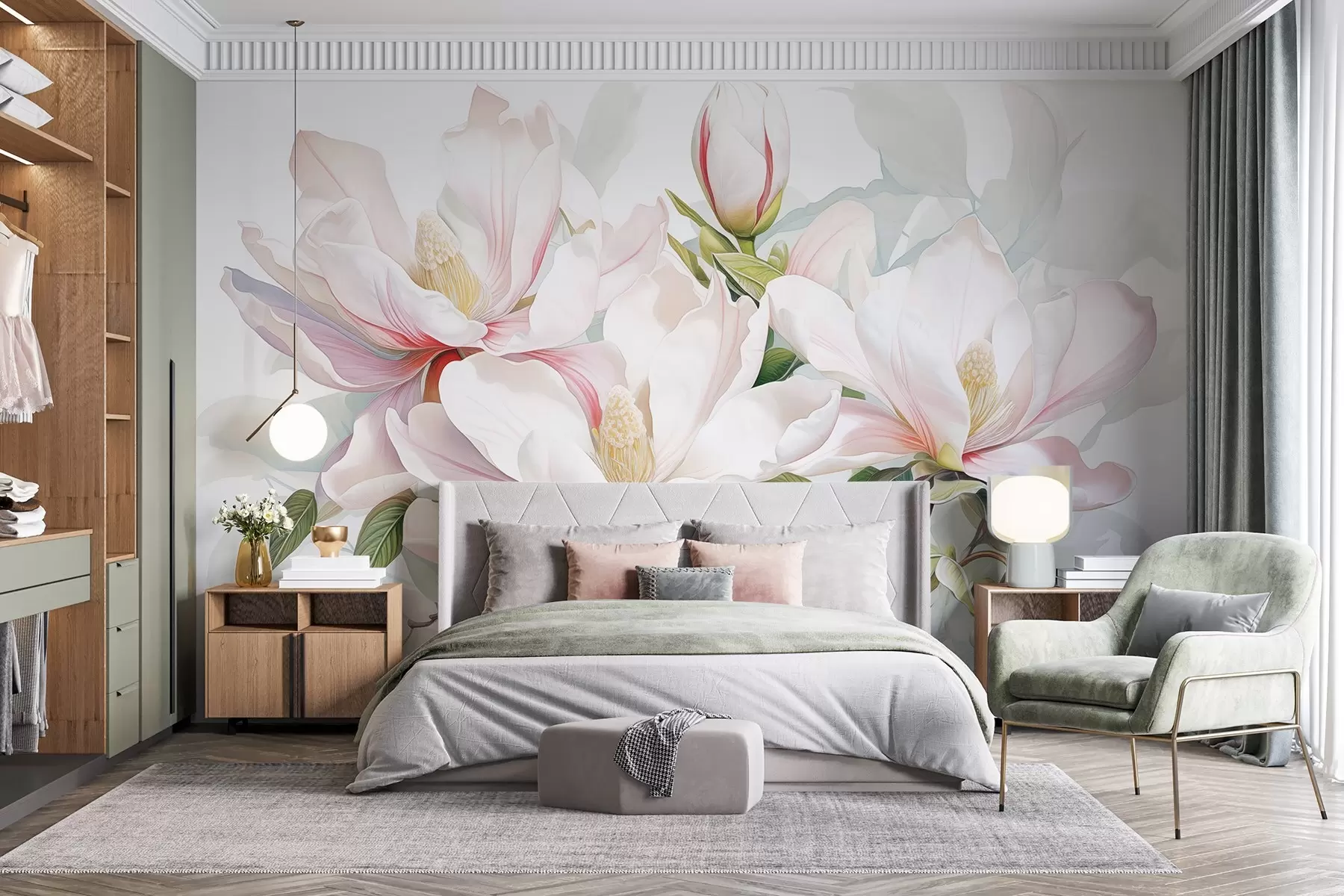 Fotobehang Magnolia bloemen met witte en roze bloemblaadjes, bladeren en bruine takken, zachte en delicate aquarelstijl w08885
