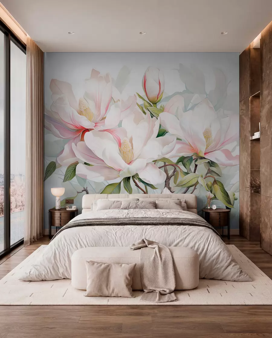 Fotobehang Magnolia bloemen met witte en roze bloemblaadjes, bladeren en bruine takken, zachte en delicate aquarelstijl w08885