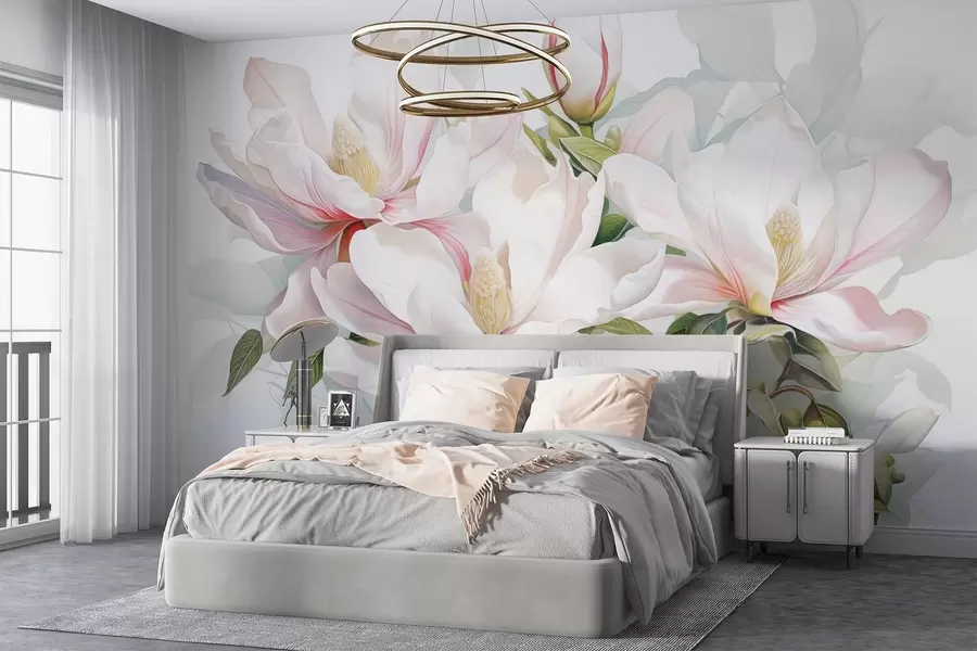 Papier peint photo Fleurs de magnolia aux pétales blancs et roses, feuilles et branches brunes, style aquarelle douce et délicate w08885