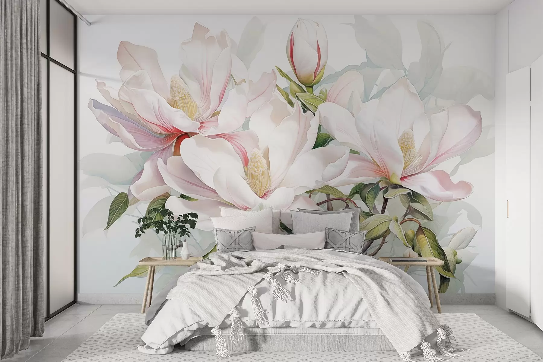 Fotobehang Magnolia bloemen met witte en roze bloemblaadjes, bladeren en bruine takken, zachte en delicate aquarelstijl w08885