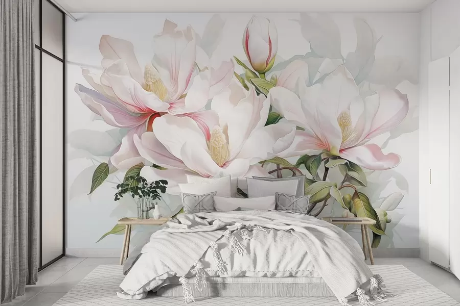 Papier peint photo Fleurs de magnolia aux pétales blancs et roses, feuilles et branches brunes, style aquarelle douce et délicate w08885