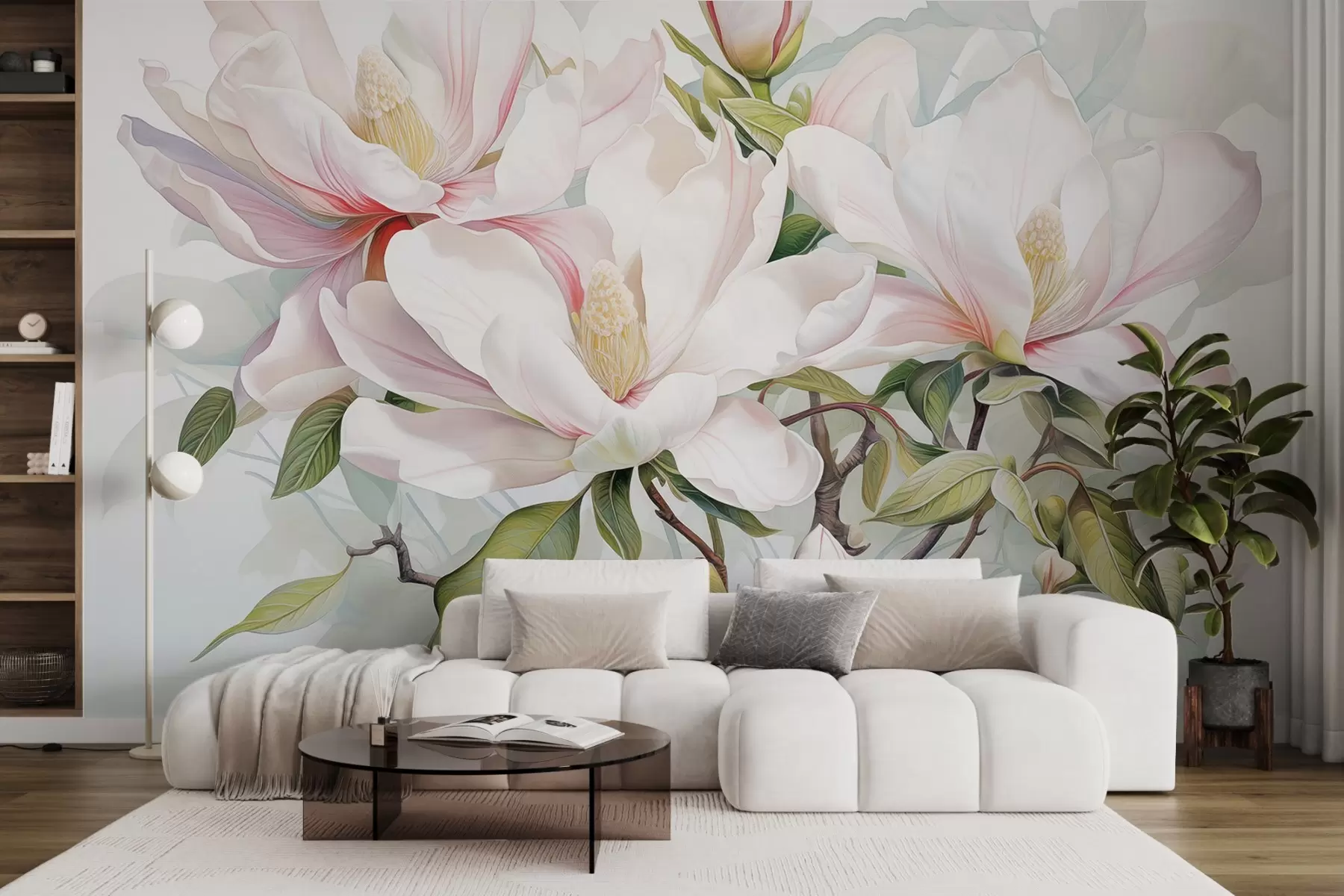 Papier peint photo Fleurs de magnolia aux pétales blancs et roses, feuilles et branches brunes, style aquarelle douce et délicate w08885