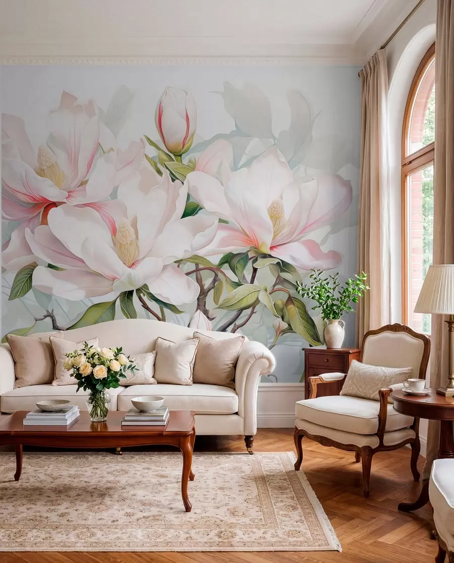 Fotobehang Magnolia bloemen met witte en roze bloemblaadjes, bladeren en bruine takken, zachte en delicate aquarelstijl w08885