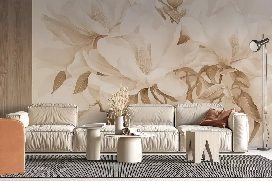 Fotobehang Magnolia bloemen met witte en beige bloemblaadjes, bladeren en bruine takken, zachte en delicate aquarelstijl w08886