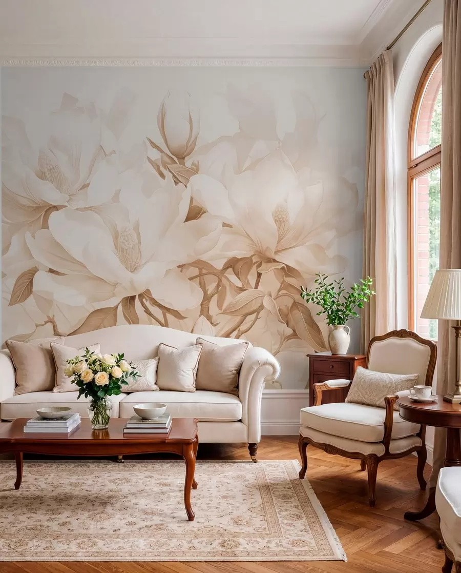 Papier peint photo Fleurs de magnolia aux pétales blancs et beiges, feuilles et branches brunes, style aquarelle douce et délicate w08886