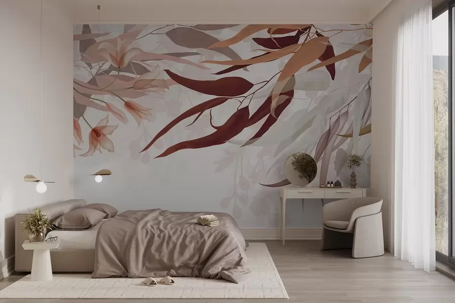 Fotobehang Eucalyptusbladeren in bordeaux-, beige- en wittinten met delicate bloemen en takken op een witte achtergrond w08887