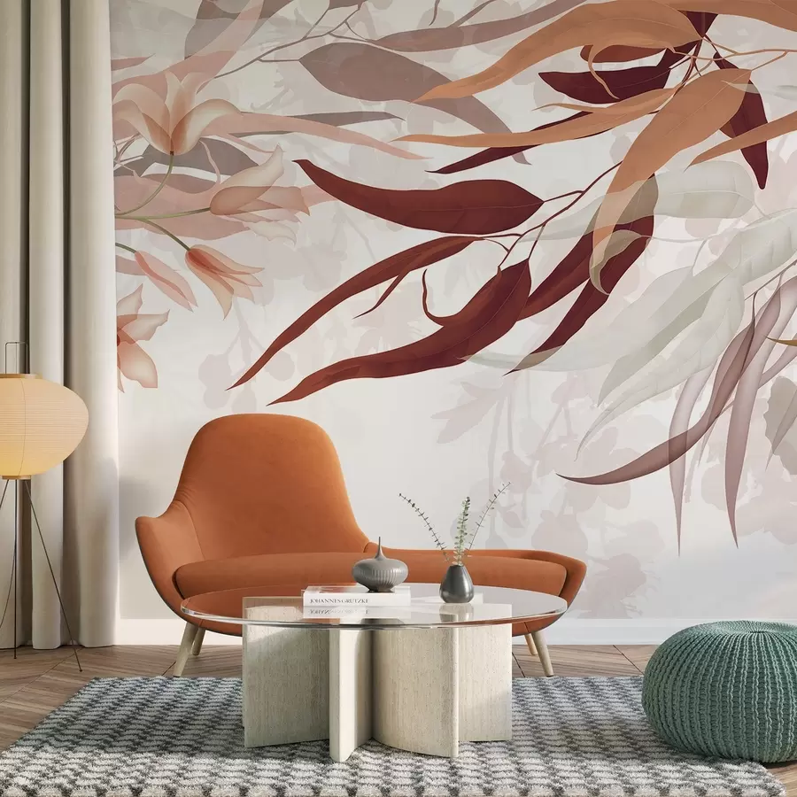 Fotobehang Eucalyptusbladeren in bordeaux-, beige- en wittinten met delicate bloemen en takken op een witte achtergrond w08887