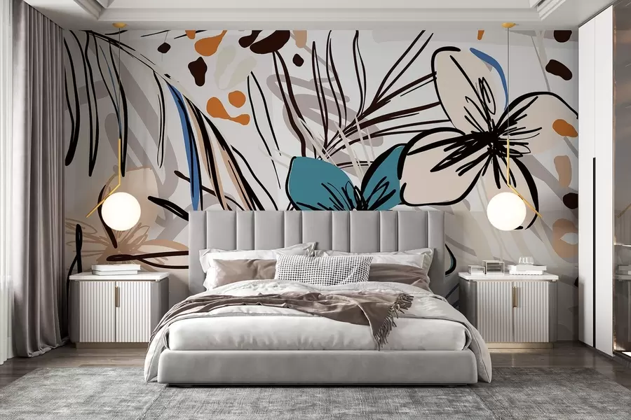 Papier peint photo Impression abstraite moderne avec des feuilles de palmier tropicales, des fleurs bleues et beiges, des lignes noires, un fond clair w08889