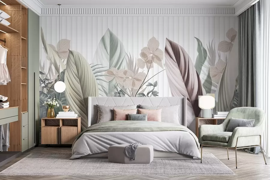 Fotobehang Tropische bladeren met zachte pastelkleuren, lichtgroen, lichtroze en lichtbruin, verticale lijnen op de achtergrond w08892