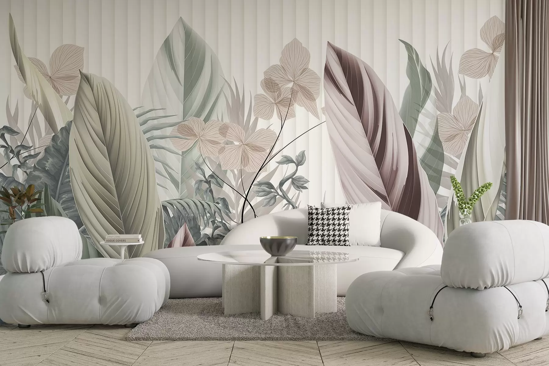 Papier peint photo Feuilles tropicales aux couleurs pastel, vert clair, rose clair et marron clair, lignes verticales en arrière-plan w08892