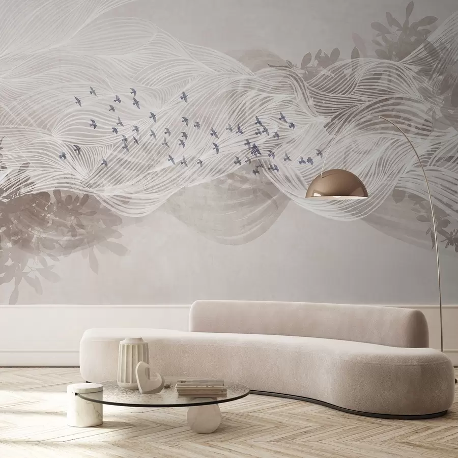 Fotobehang Zwerm vogels vliegt over abstract landschap met beige golven, zachte kleuren, minimalistisch ontwerp w08898