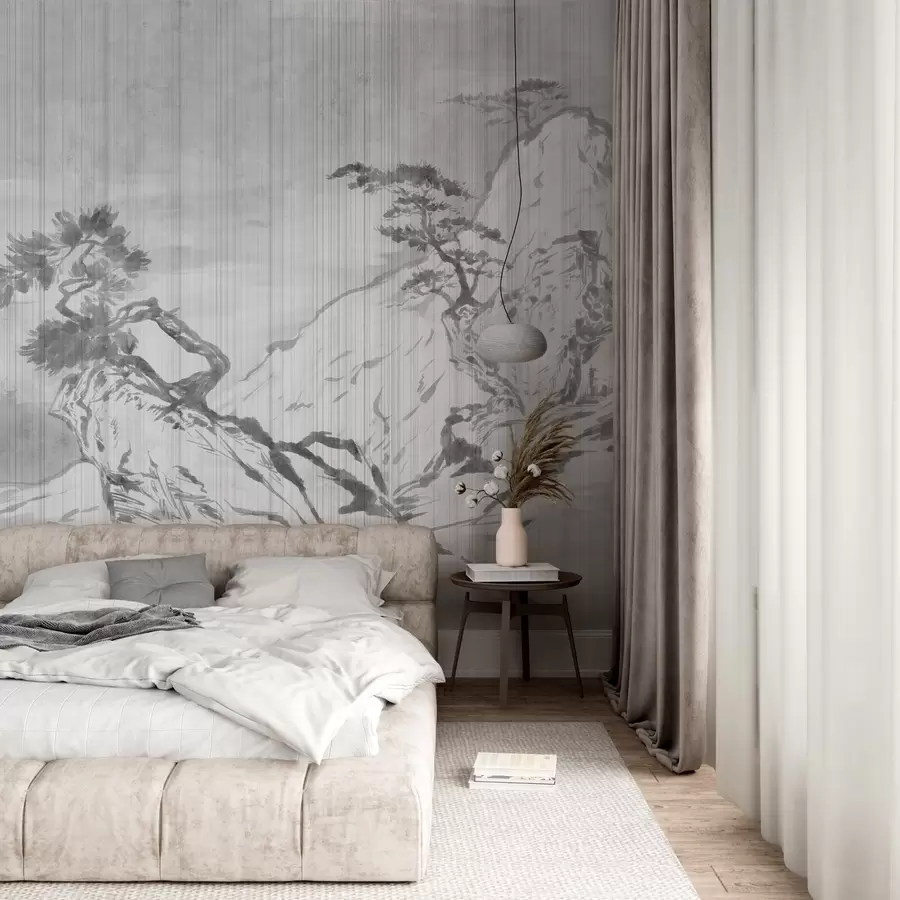 Fotobehang Traditionele Chinese monochrome landschapsillustratie met bergen, bomen en mist, grijze achtergrond w03379v1