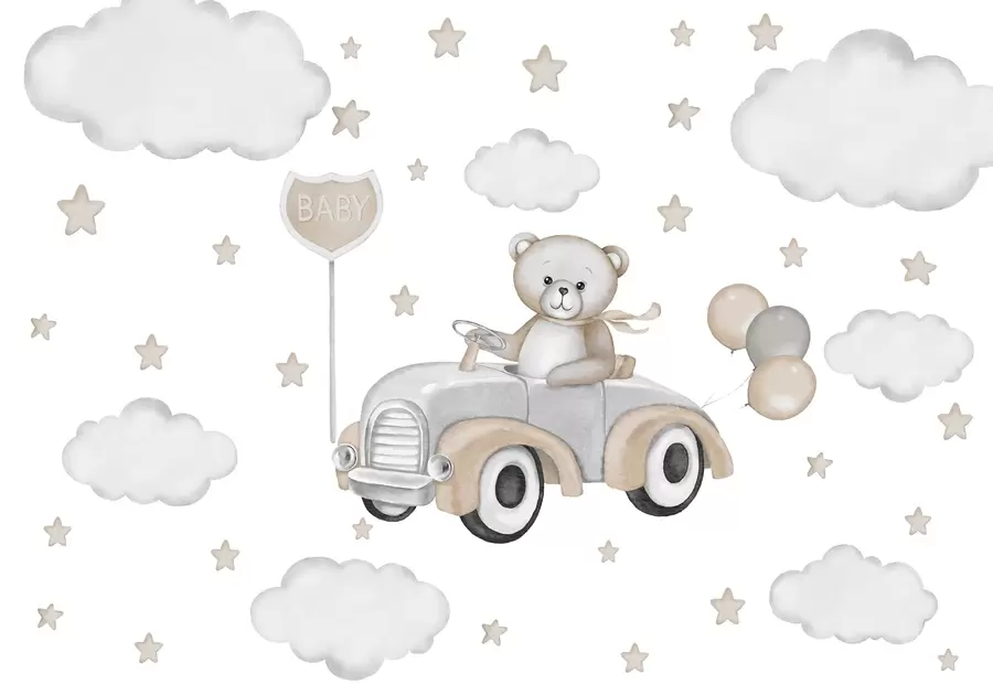Papier peint photo Adorable illustration d'un ours en peluche conduisant une voiture de collection parmi les nuages et les étoiles w03382