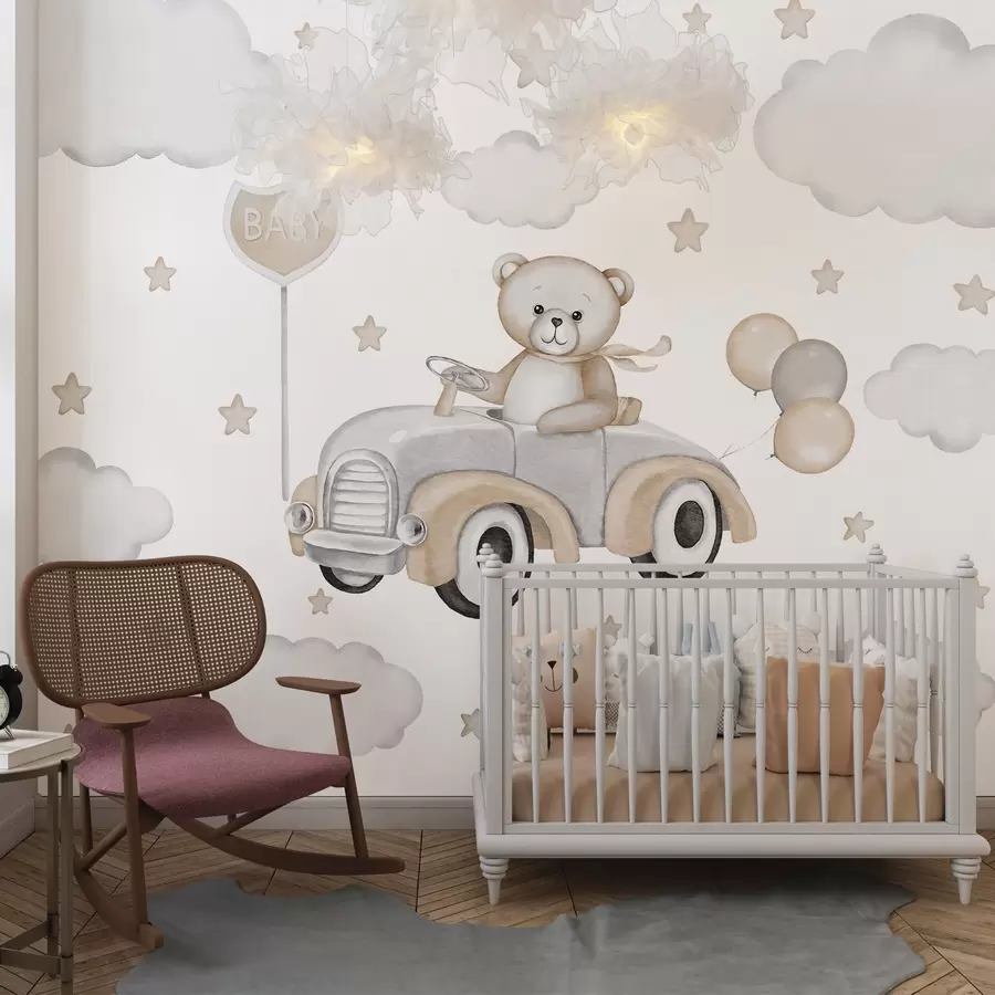 Fotobehang Schattige illustratie van een teddybeer in een oldtimer tussen wolken en sterren w03382