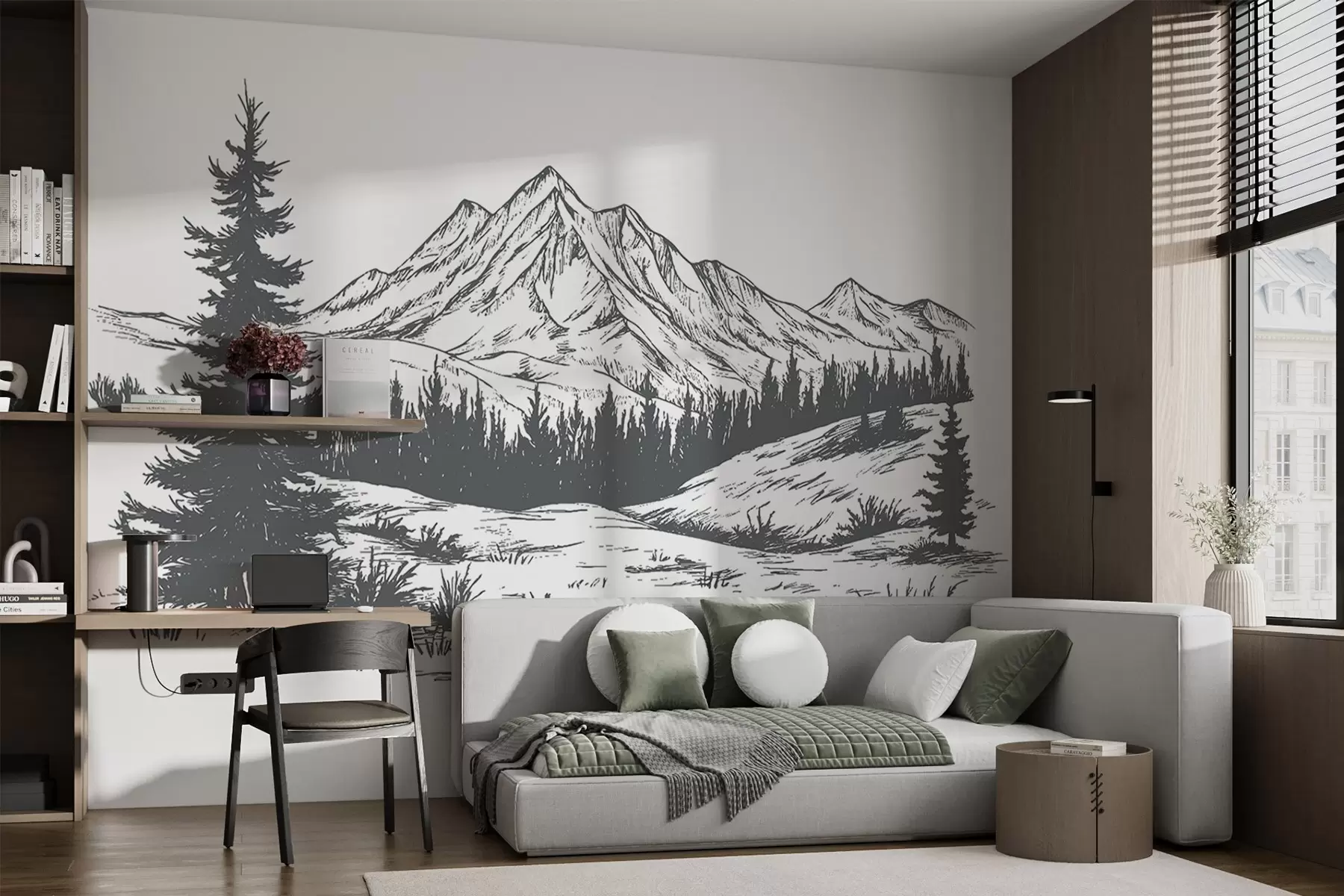 Fotobehang Bergen landschap met pijnbomen, bos, natuur, donkergrijze kleur w03344