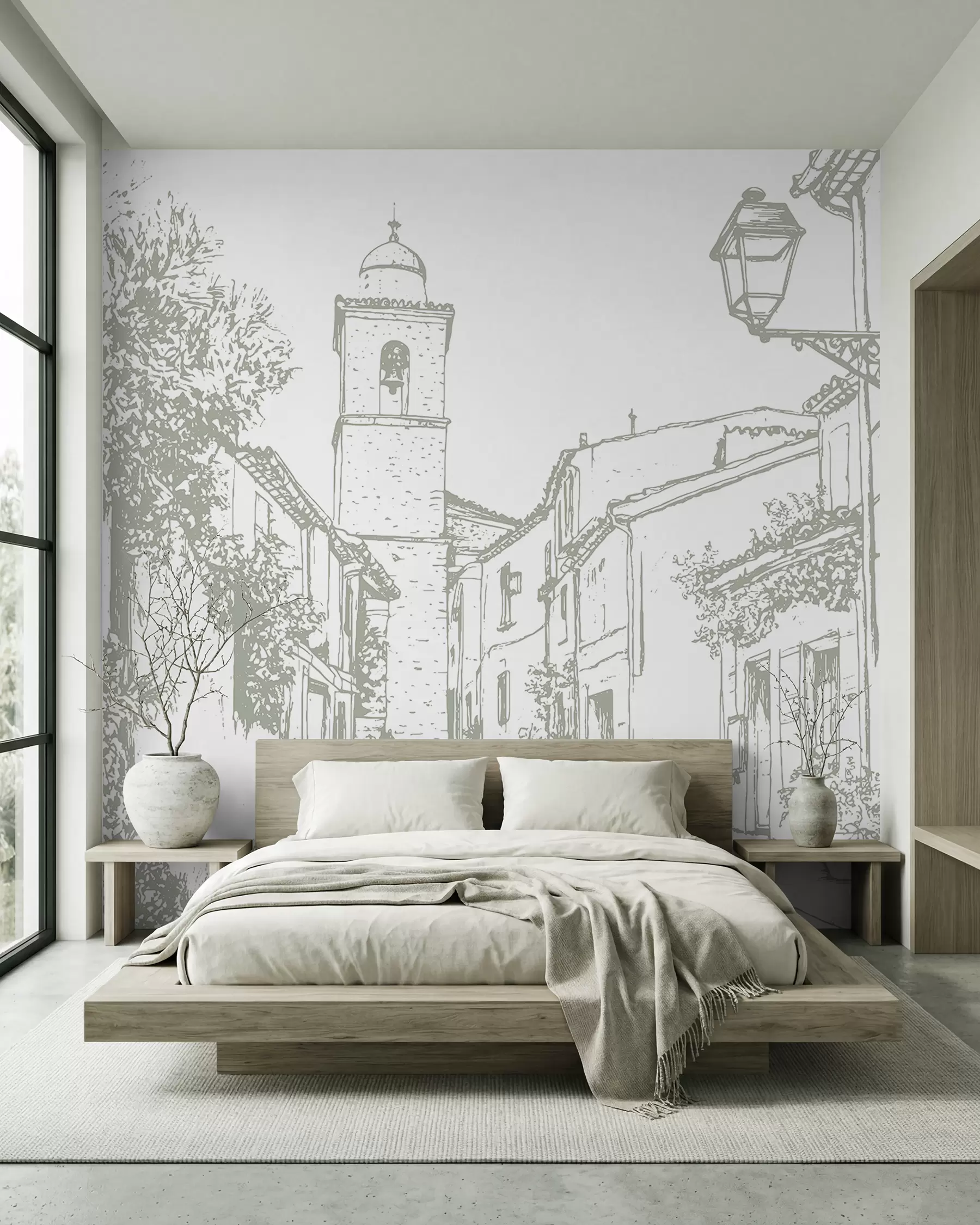 Fotobehang Stadsstraat, mooie architectuur, gebouwen, Middellandse Zee, lijntekening, olijfkleur w03345