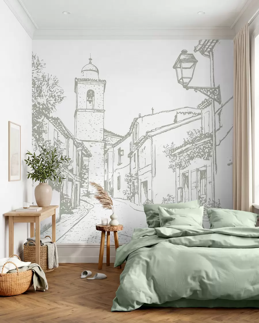 Papier peint photo Rue de la ville, belle architecture, bâtiments, Méditerranée, dessin au trait, couleur olive w03345