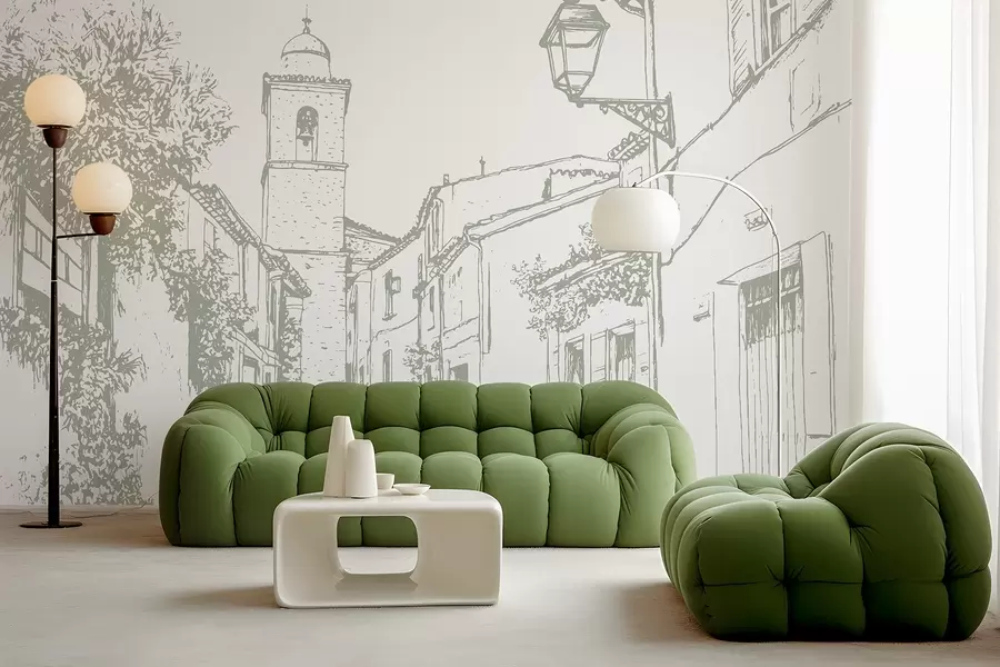 Papier peint photo Rue de la ville, belle architecture, bâtiments, Méditerranée, dessin au trait, couleur olive w03345