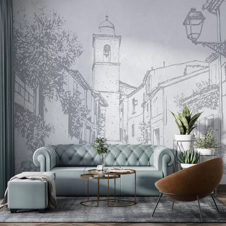 Fotobehang Stadsstraat, mooie architectuur, gebouwen, Middellandse Zee, blauwe kleuren w03346v1