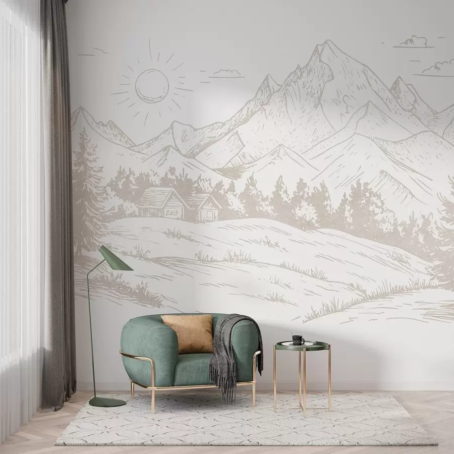 Fotobehang Bergen tekening, natuurlandschappen, bos, houten huizen, beige kleur w03348